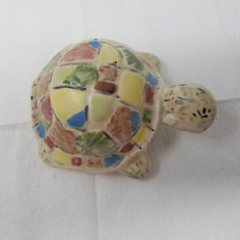 Turtle Figurine Patchwork Pastel Ceramic Tortoise Hand Painted 1970s Vtg