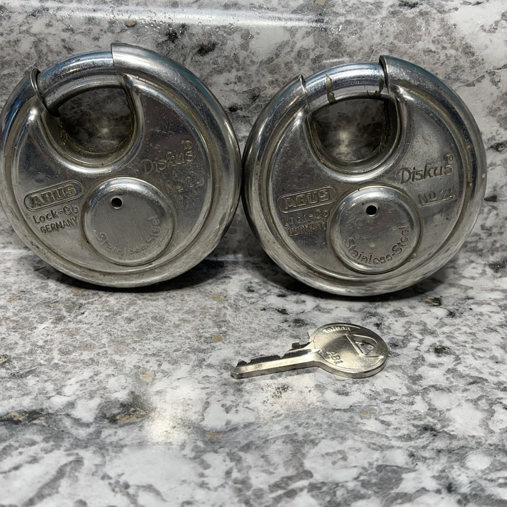 ABUS 24 Diskus Stainless Steel Padlock, 2 pack, preowned, 1 key Germany