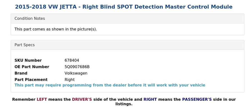 2015-2018 VW JETTA - Right Blind SPOT Detection Master Control Module