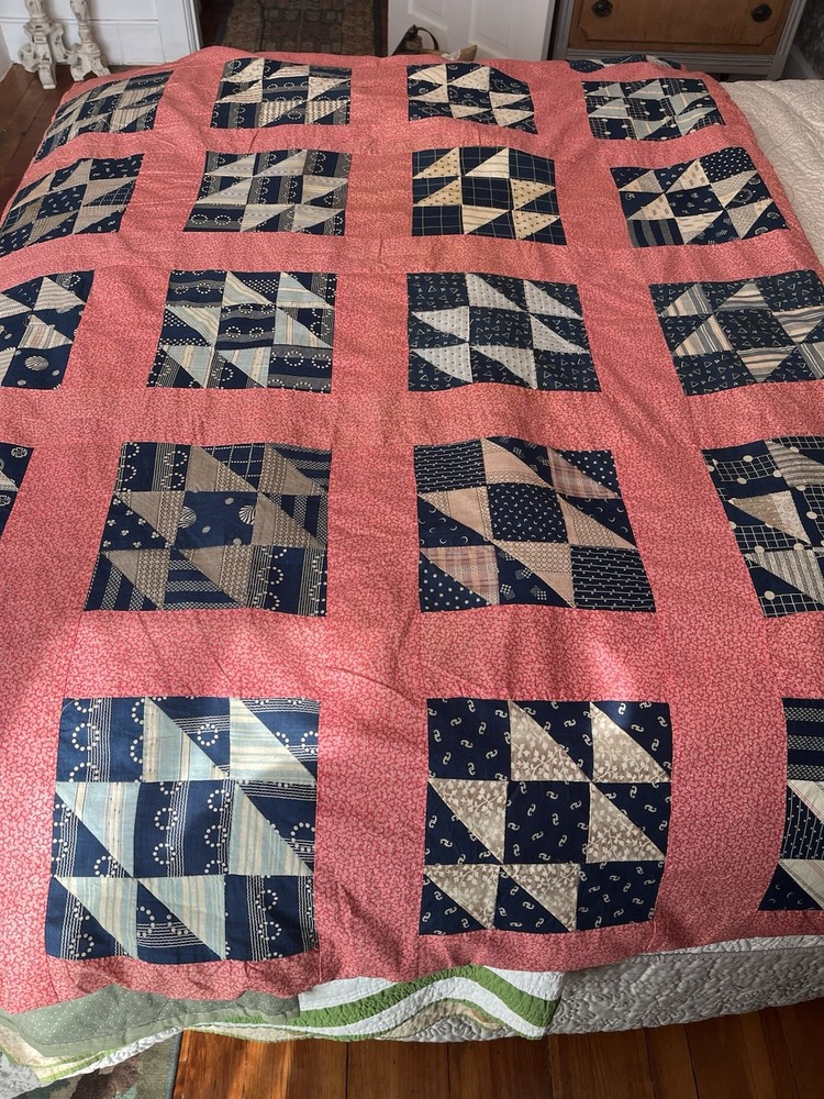 Vintage Handmade Quilt Indigo Pink Patchwork Bedspread