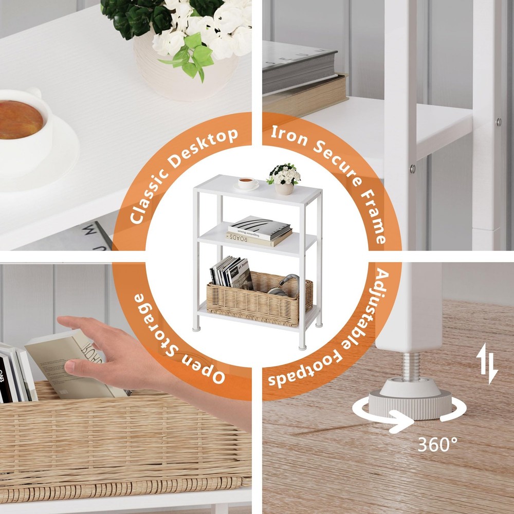 End Table Charging Station 3-Tier Side Table USB Type C 2 Outlets White