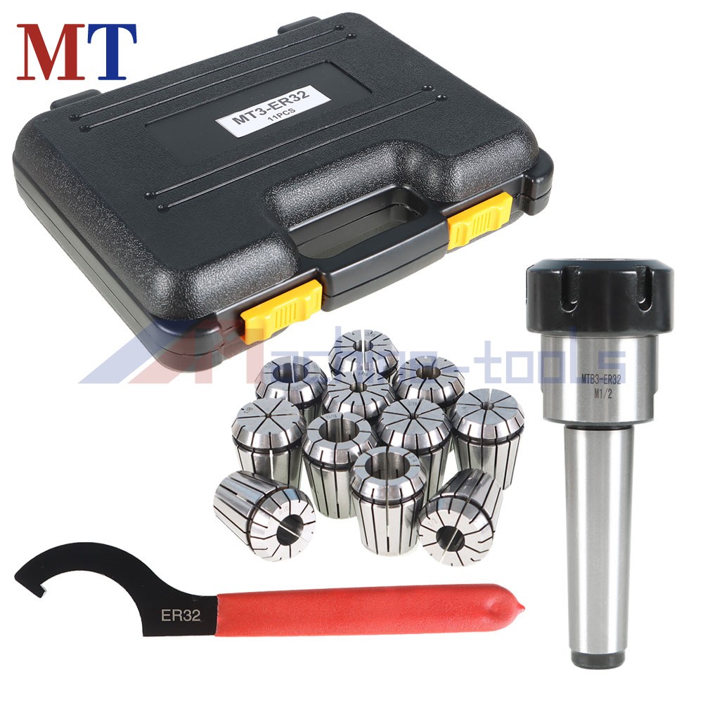 MT3 Shank With 11 Pack ER32 Collet Set ER32 Chuck & Spanner For Milling Machine