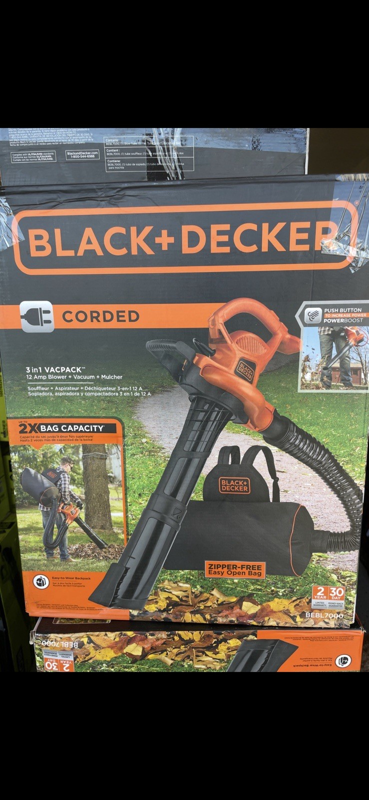 BLACK+DECKER BEBL7000 3-in-1 VACPACK 12A Leaf Blower/Vacuum/Mulcher-Black/Orange