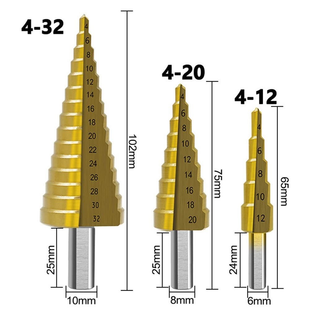 6Pcs Titanium Coated Drill Bit Set, 3 Step Bits + 3 Serrated