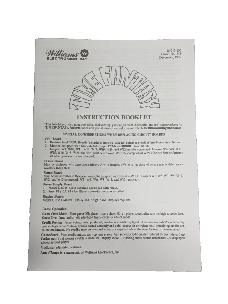 Williams Time Fantasy Instruction Booklet