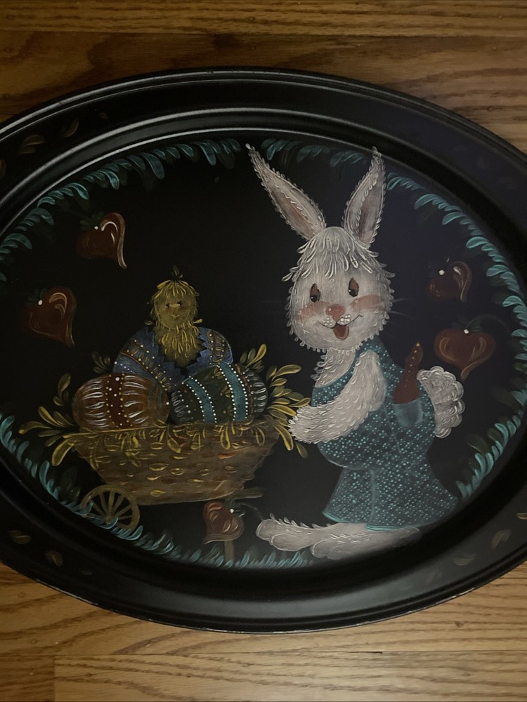VTG Handpainted Easter Tray Bunny Rabbit With Eggs Side Handles Heritage Studios