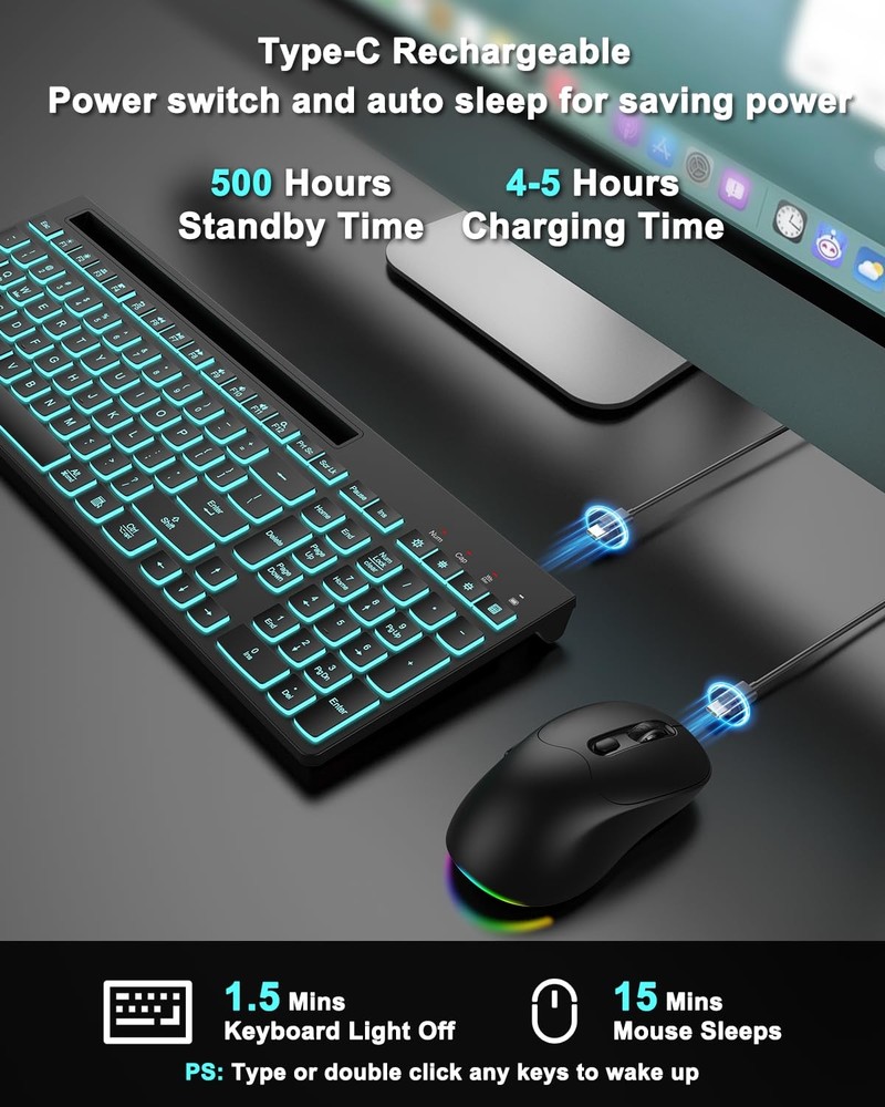 Wireless Keyboard and Mouse Combo, 7 Backlit Effects, Light Up Letters, Recha...