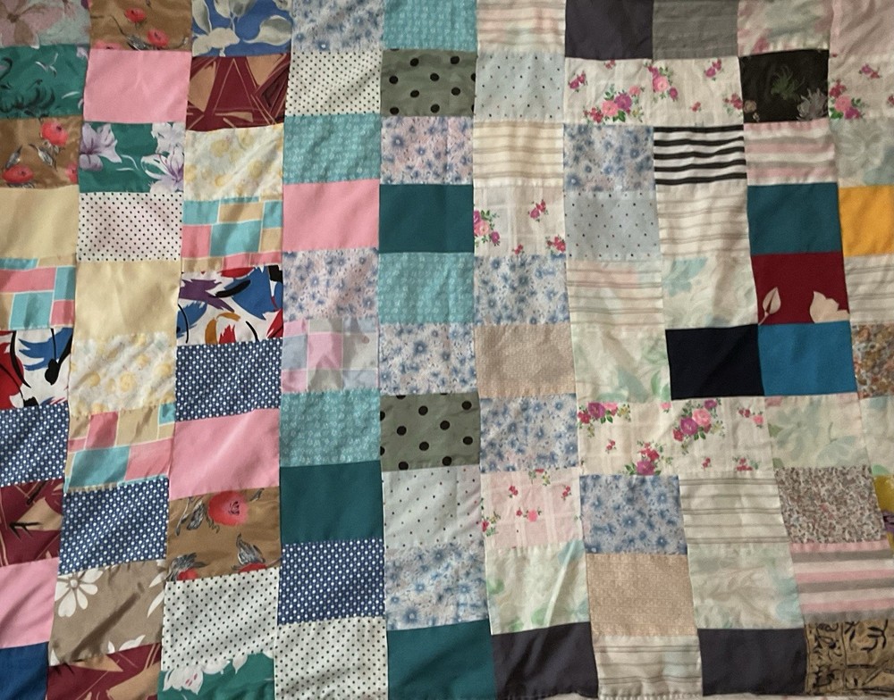 Handmade Crazy Quilt Patchwork Squares Multicolor Mixed Prints Fabrics Lap 52x40
