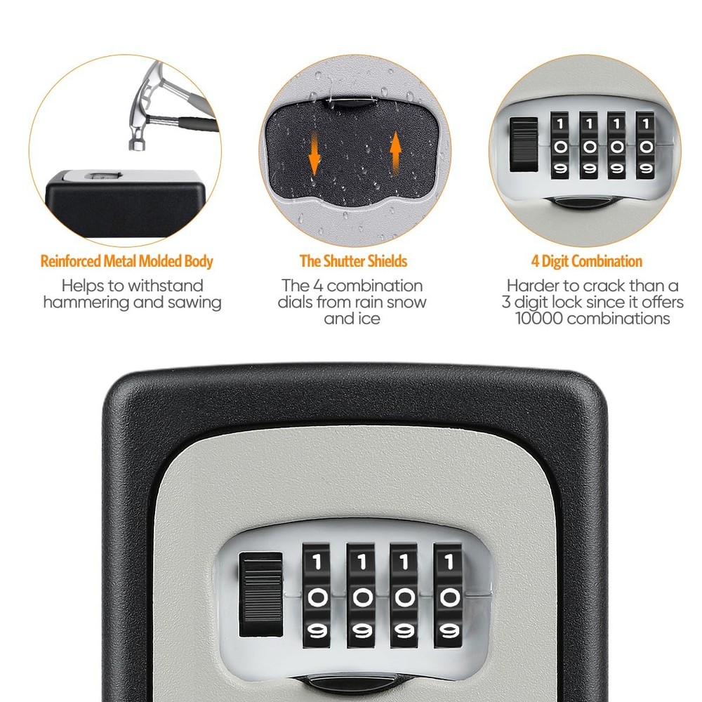 Key Lock Box Wall Mounted, 4 Digit Combination Lockbox for Outside, House Key...