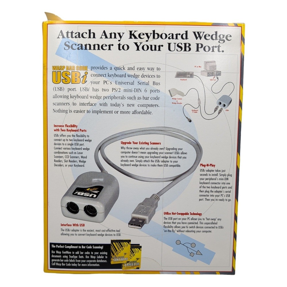 Wasp Bar Code USBi Keyboard Wedge to USB Interface Adapter Dual PS2 Mini-DIN 6