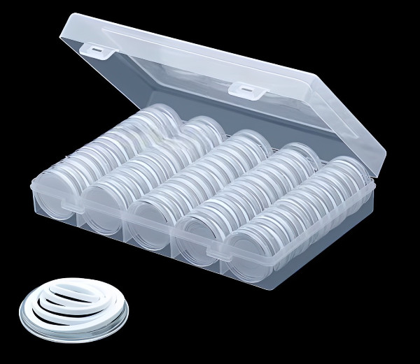 100 PCS 30mm Clear Round Coin Capsules Plastic Coin Holders & White Gaskets &Box