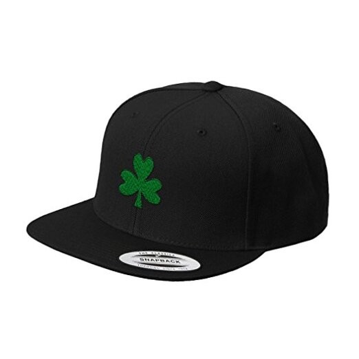 Shamrock Embroidered Flat Visor Snapback Hat Black