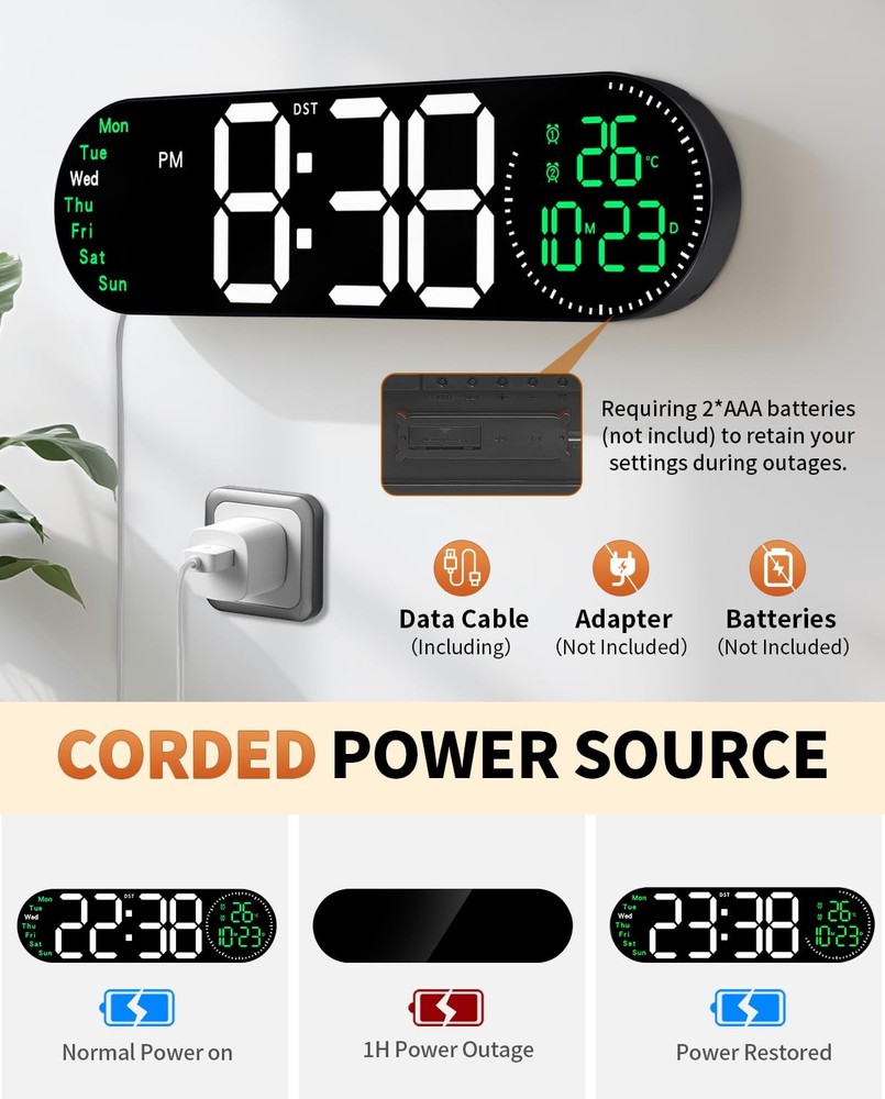 17.2 Inch Large Digital Wall Clock with 9 Color Changing Remote Control, Date...