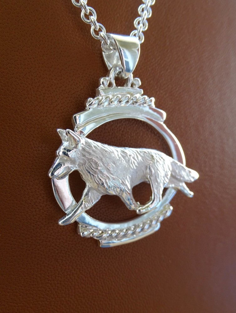 Large Sterling Silver German Shepherd Dog Moving Study On A Oval Frame