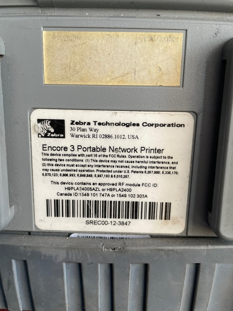 Zebra Technologies Encore 3 3N Portable Network Printer with soft rubber case!