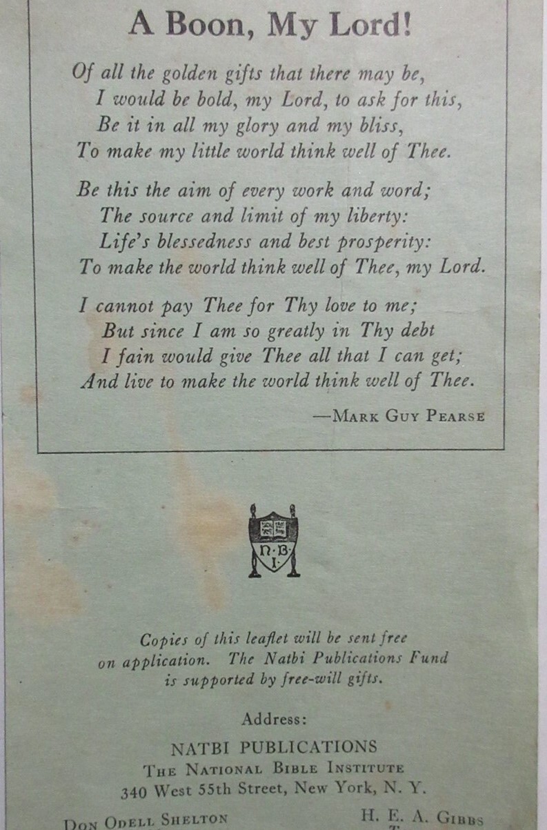 vintage Natbi Publications National Bible Institute leaflet A Boon, My Lord!