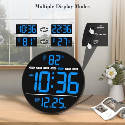 Large Digital Wall Clock with LED Display, Electric Wall Clock with Blue