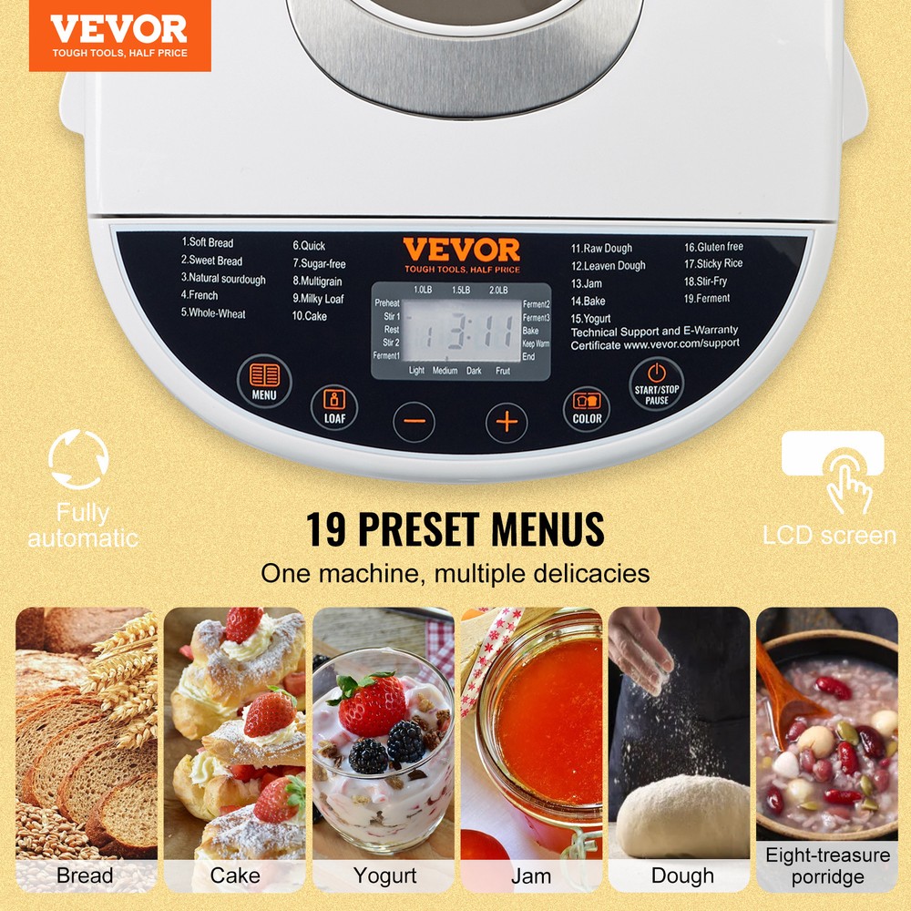 VEVOR 2LB 19-in-1 Bread Maker Automatic Compact Dough Machine Nonstick White