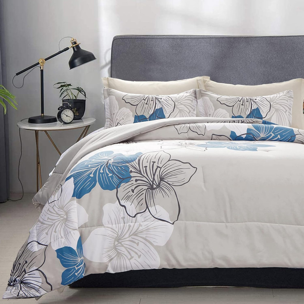 Floral Comforter Set King Blue Flower Pattern Printed on Grey, Soft Microfiber B