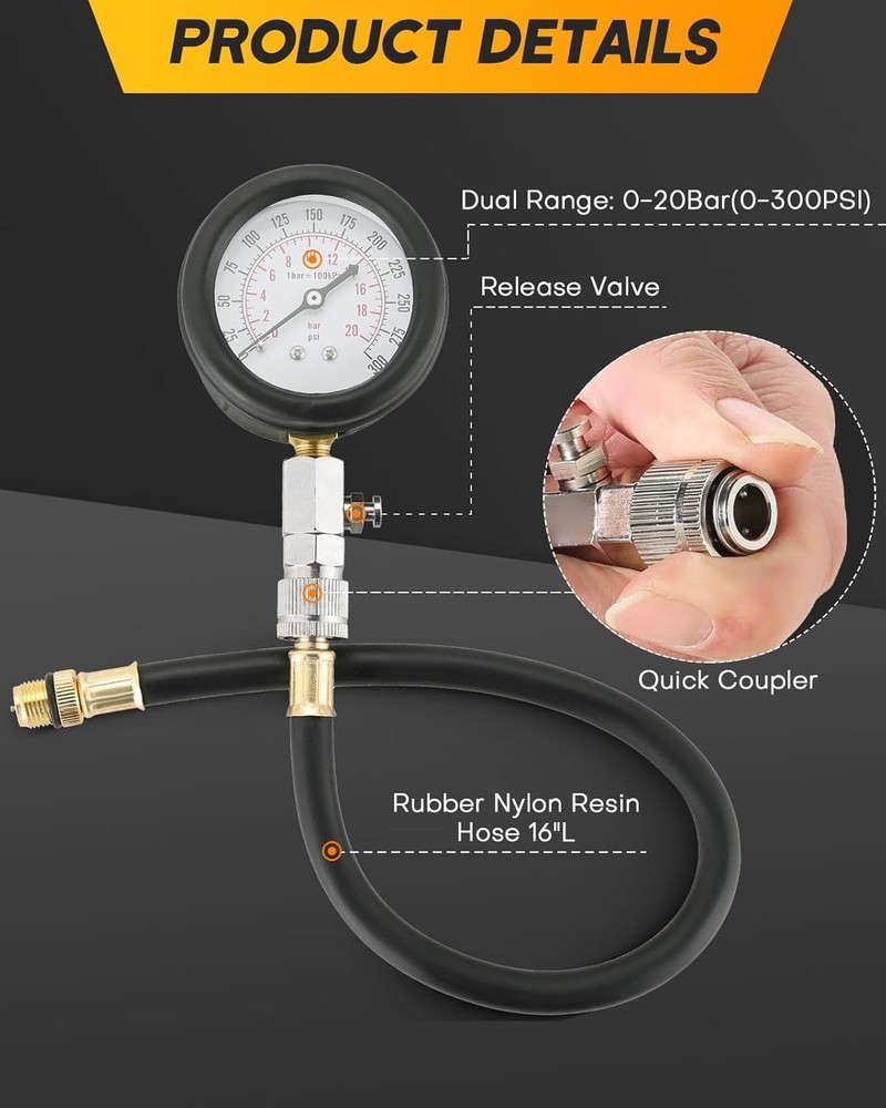 8PCS Engine Cylinder Compression Tester Kit 0-300 PSI