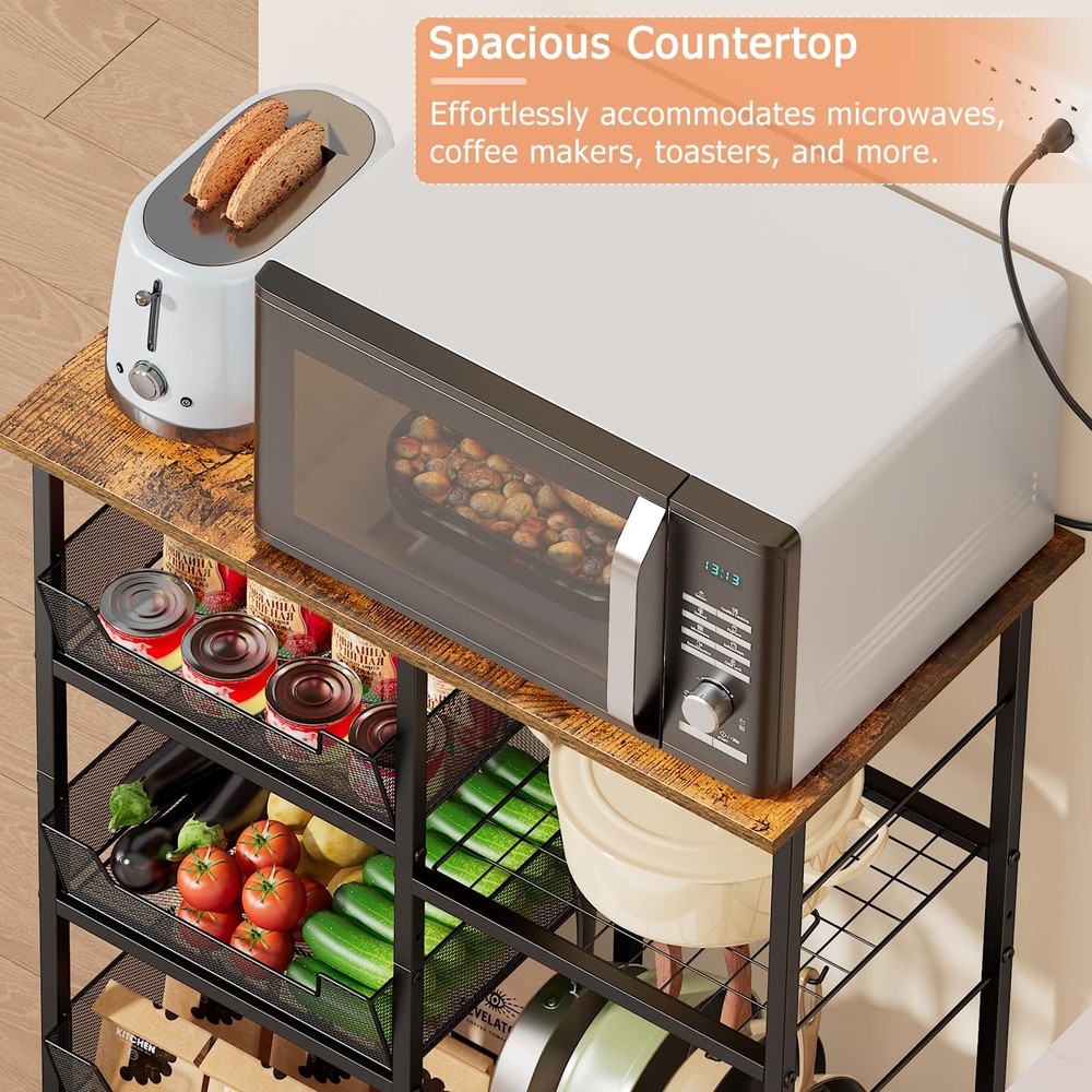 Rolling Kitchen Storage Microwave Cart, Kitchen Island with Adjustable Shelf ...