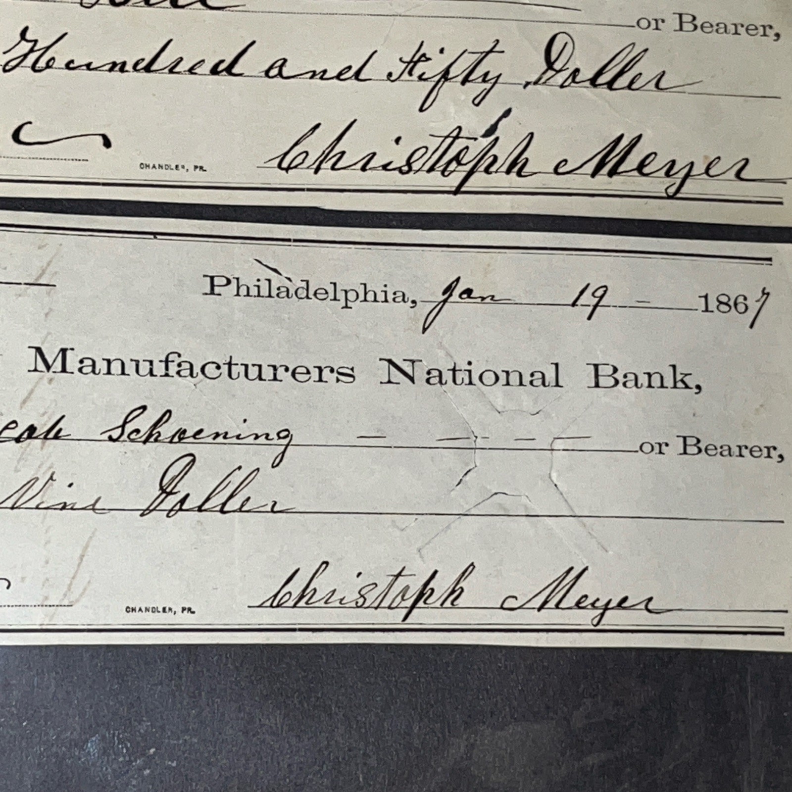 SET OF FIVE HISTORIC PHILADELPHIA REVENUE STAMPED CHECKS 1865-1873 US 2c STAMPS