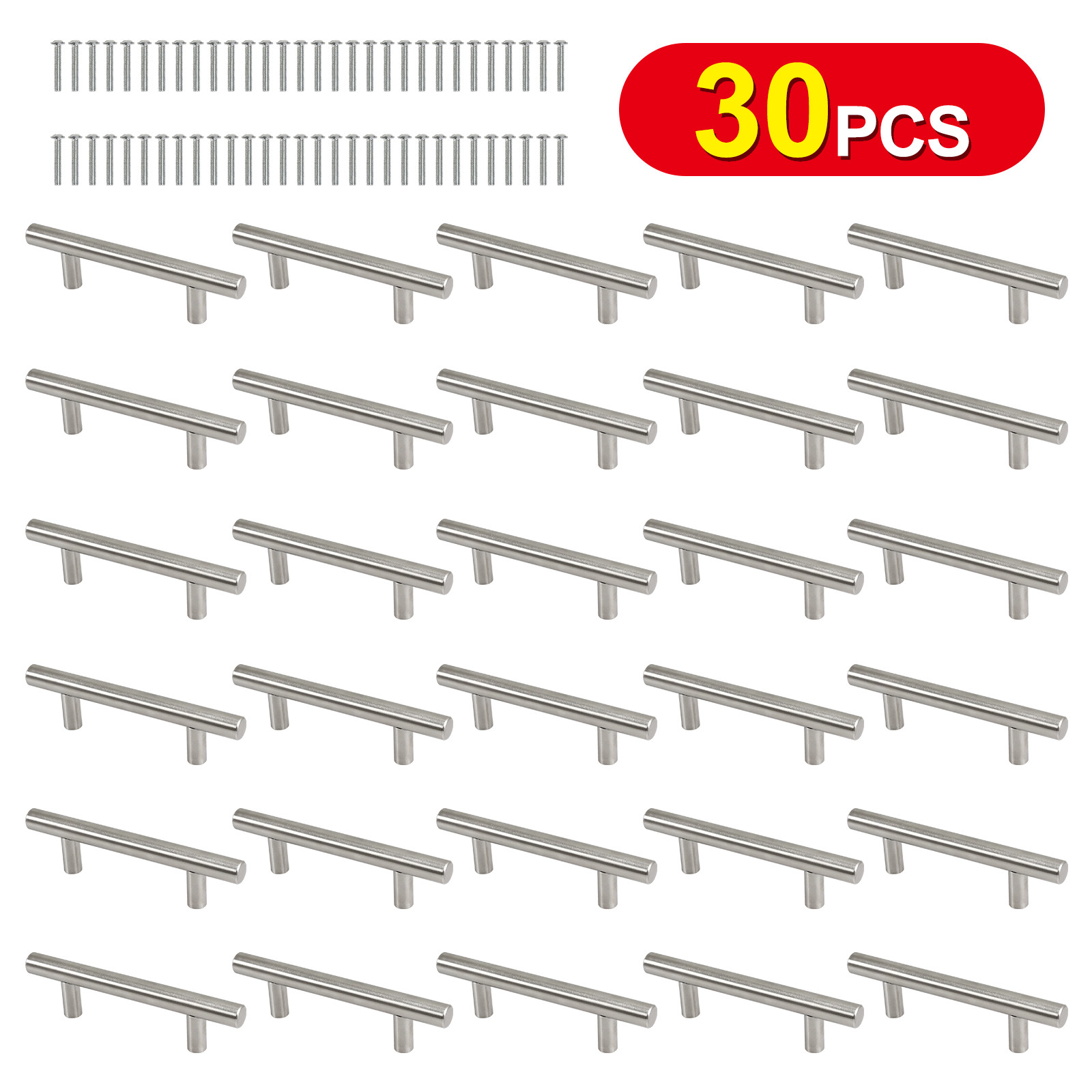 30Pack Brushed Nickel Kitchen Cabinet Handles Stainless Steel Drawer T Bar Pulls