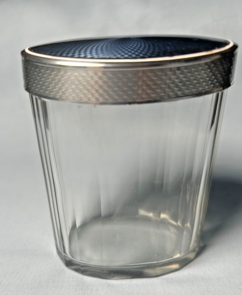 Antique Sterling Silver Guilloche Enamel Panel Cut Glass Dressing Table Jar Box