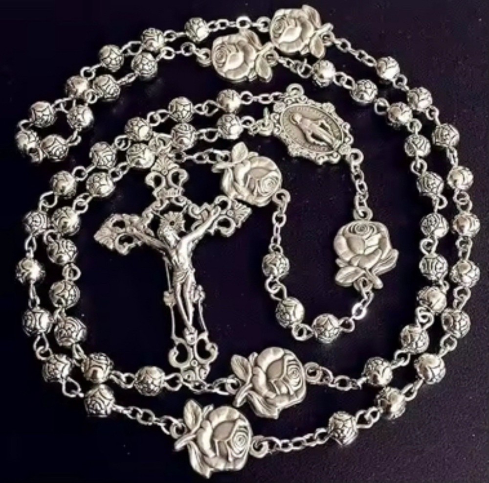 Real Silver Plated Chain Cross Rose Beads Catholic With Bracelet &Box Crucifix