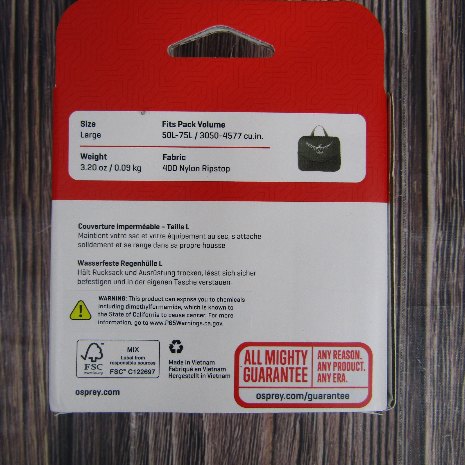 Osprey Ultralight Raincover 50-75L Large Shadow Gray Hiking Backpacking Camping