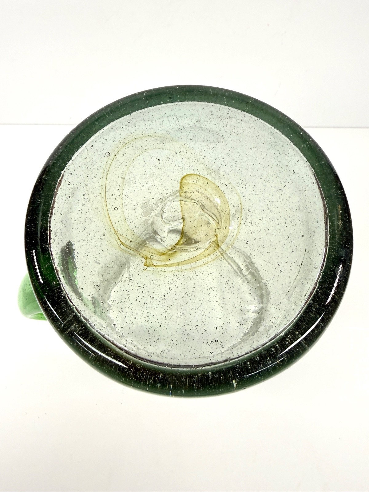 Recycled Art Glass Mexican Hand Blown Margarita Pitcher Green Handle Bubbles