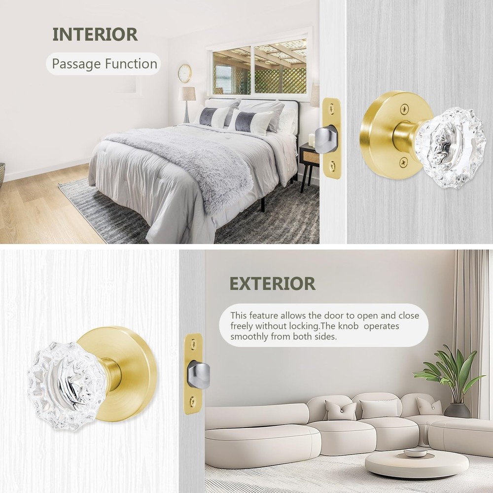 Glass Crystal Door knobs, Passage Door Lever, Keyless Function for Hallway an...