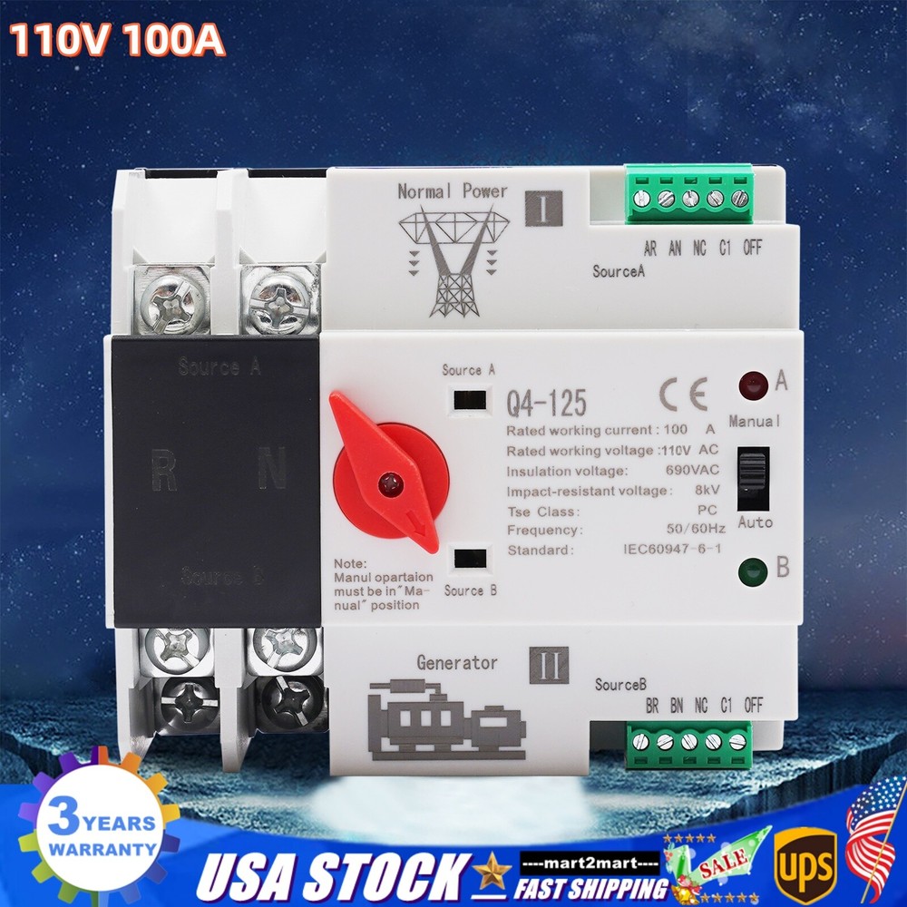 100A PC Level Dual Power Automatic Transfer Switch 2P Generator Changeover 110V