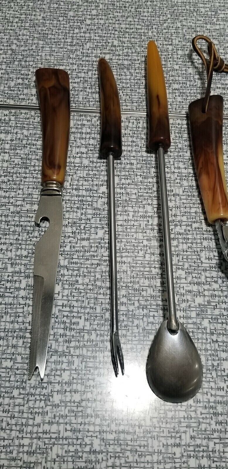 Vintage SET of 6 Barware UTENSILS Bar Tools Marbled BAKELITE HANDLES Sheffield
