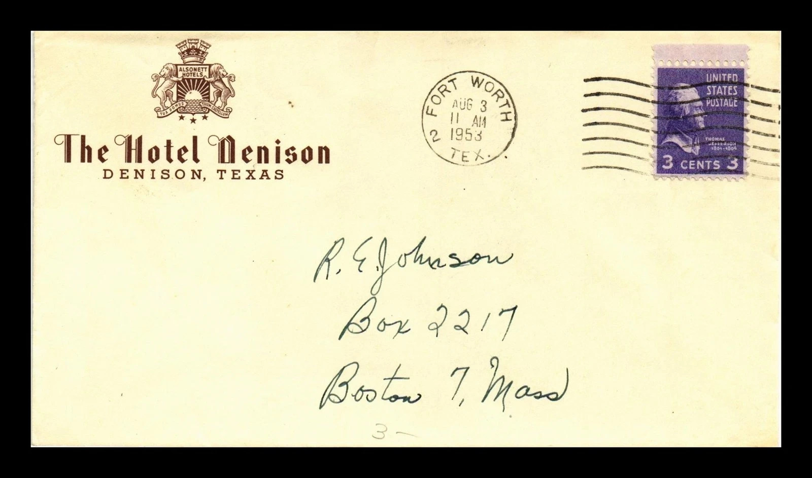 1953 DENISON TEXAS HOTEL ILLUSTRATED CC / BACK TO BOSTON SMALL COVER