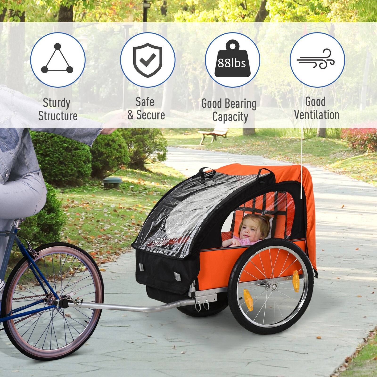 2-Seat Kids Child Bicycle Bike Trailer with 5-Point Safety Harnesses Foldable
