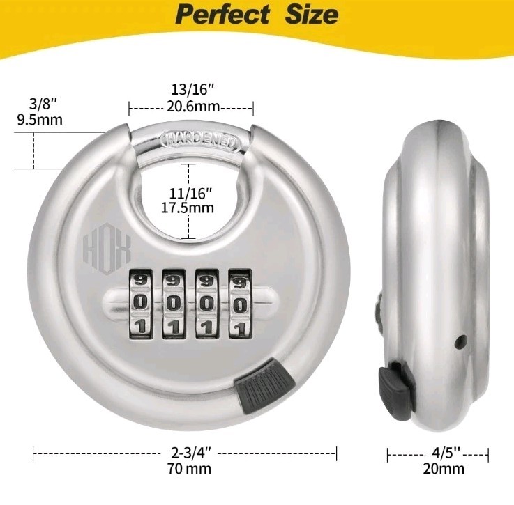 Round Combination Lock, Uncuttable Combination Disc Padlock, 3/8 Inch Shackle...