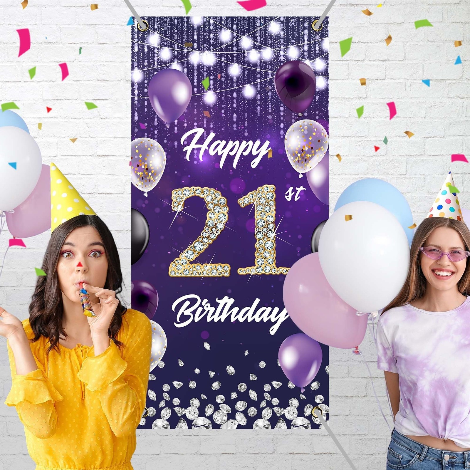 Happy 21st Birthday Backdrop Banner Purple Theme Background with Shiny Diamon...