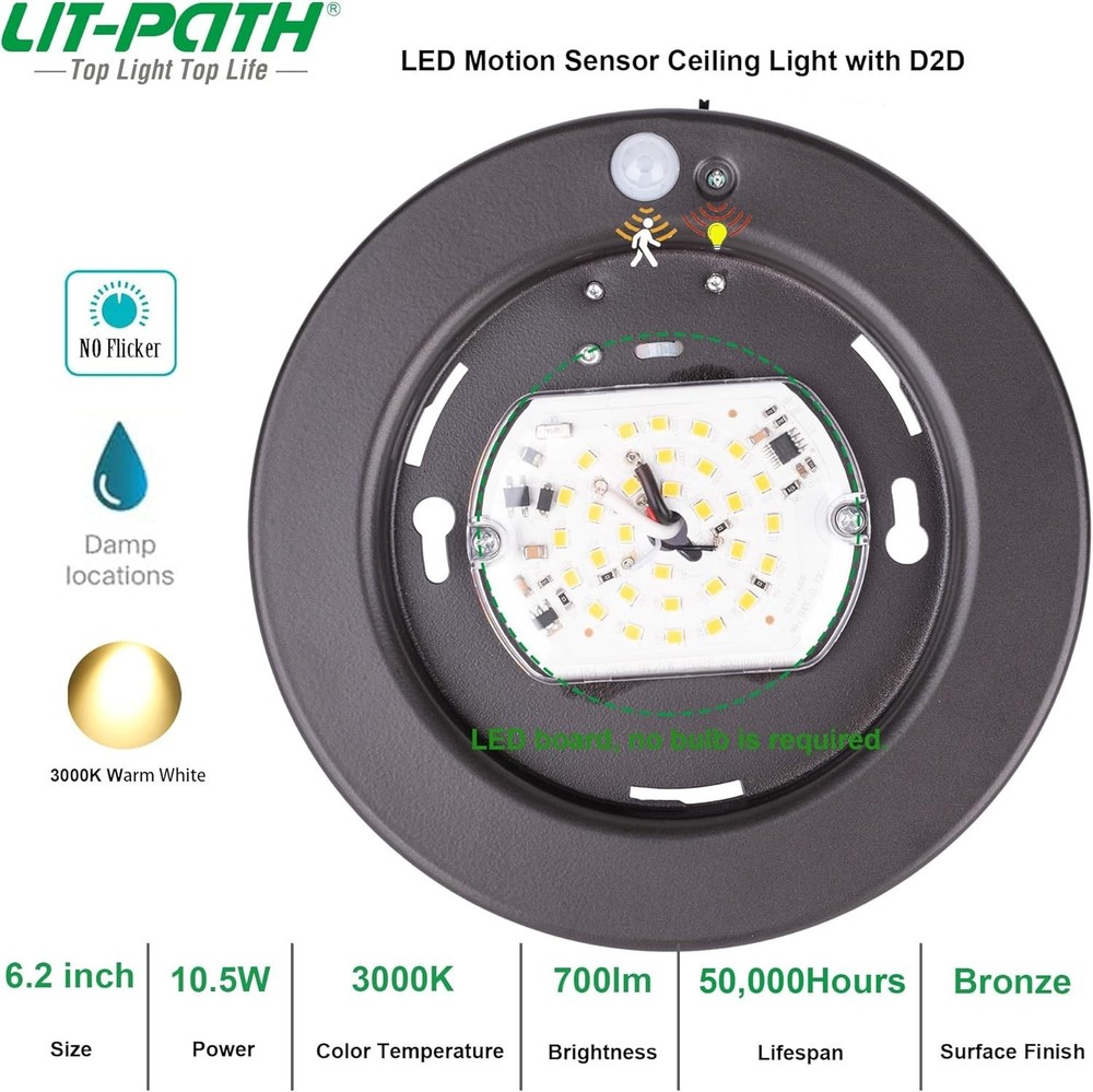 Flush Mount Motion Sensor LED Ceiling Light with Dusk to Dawn, On/Off Automatic