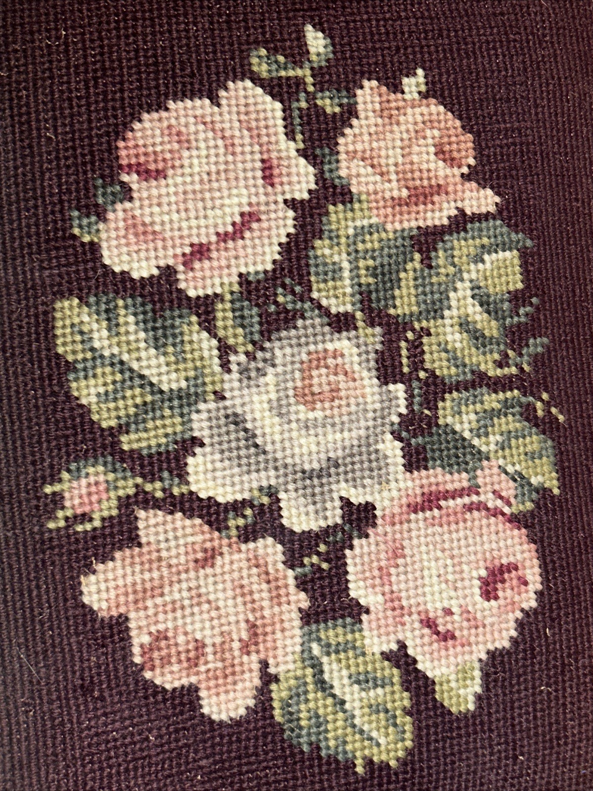 19thC Antique Victorian Stud Accents Footstool Floral Needlepoint Carved Walnut*