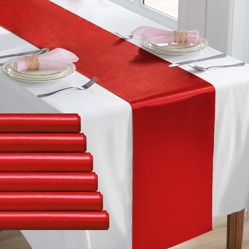 6 Pack 12x108" Red Rectangular Smooth Satin Silk Table Runner for Wedding