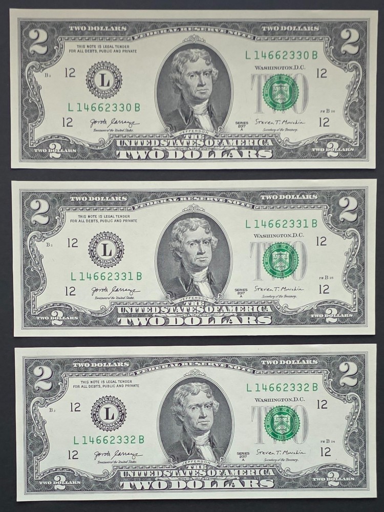 3x $2 Consecutive Notes L14662330B-332B 2017A Crisp UNC Sequential Run