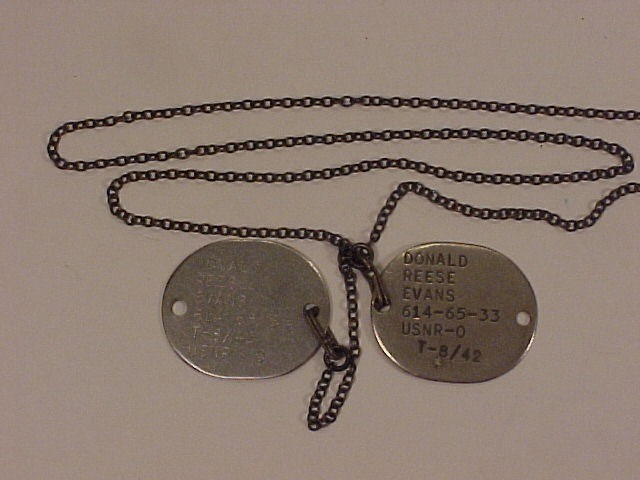 ORIG'L & VG+ Dog Tags of Donald Reese Evans (USMCR) Vet of WWII On Period Chain