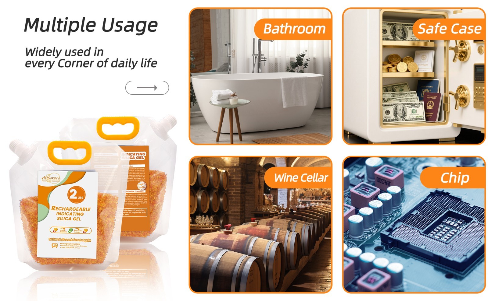 2 LBS Adsorbco Desiccant Beads, Indicating Silica Gel Beads (Orange to Green）