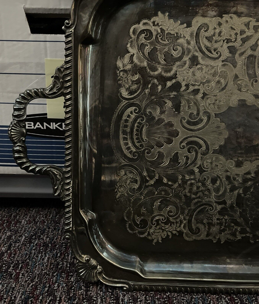 Vintage England 7762 Silver Plated Rectangular Serving Tray with Handles 20"x15"