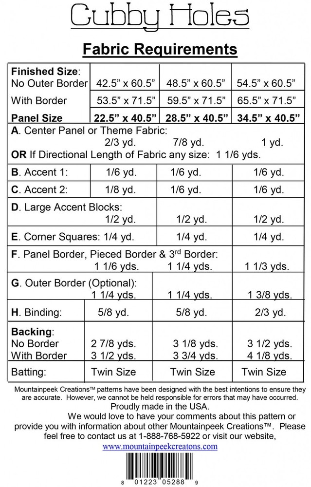 CUBBY HOLES Quilt Pattern for Panel Fabrics by Mountainpeek Creations 3 Sizes!