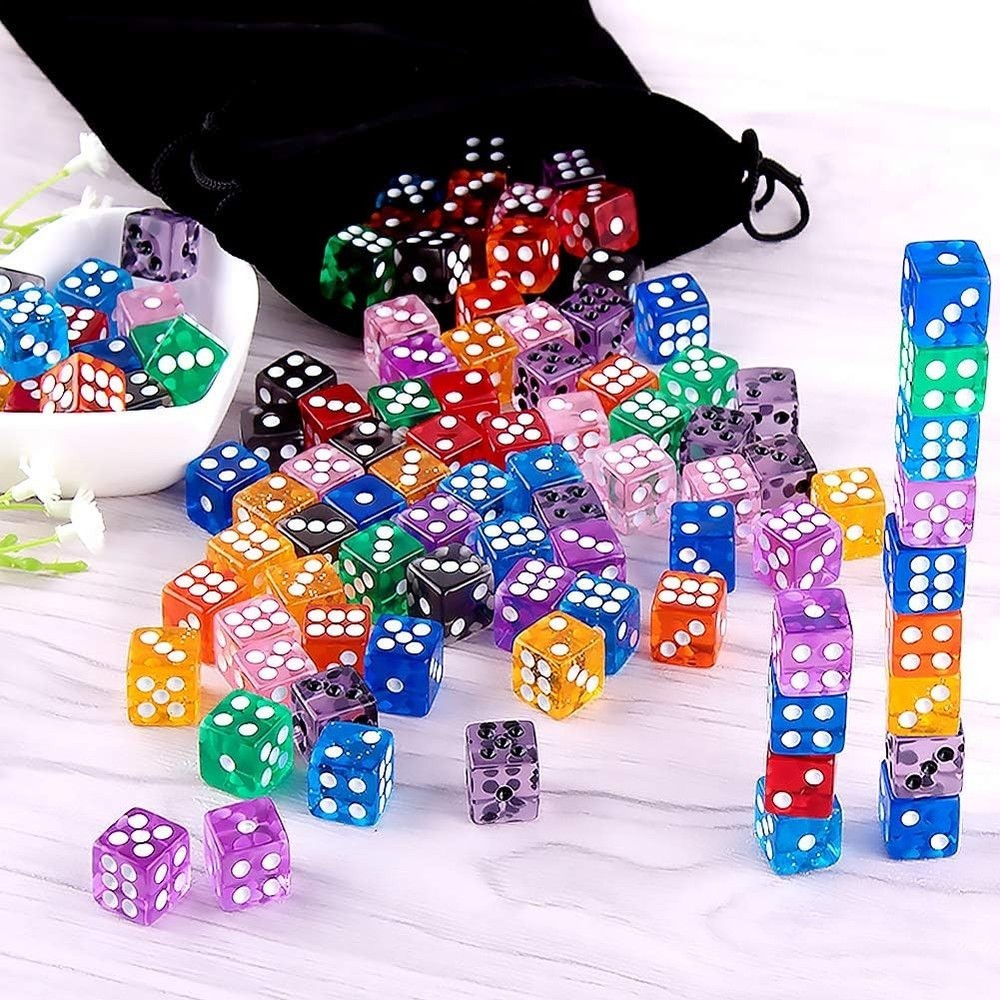 100 Pcs 12mm Translucent Color Dice Set for Gaming Math Teaching with Bag