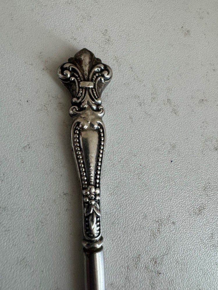 Antique Sterling Silver Handle Button Hook w/ Beaded & Fleur de Lis Design