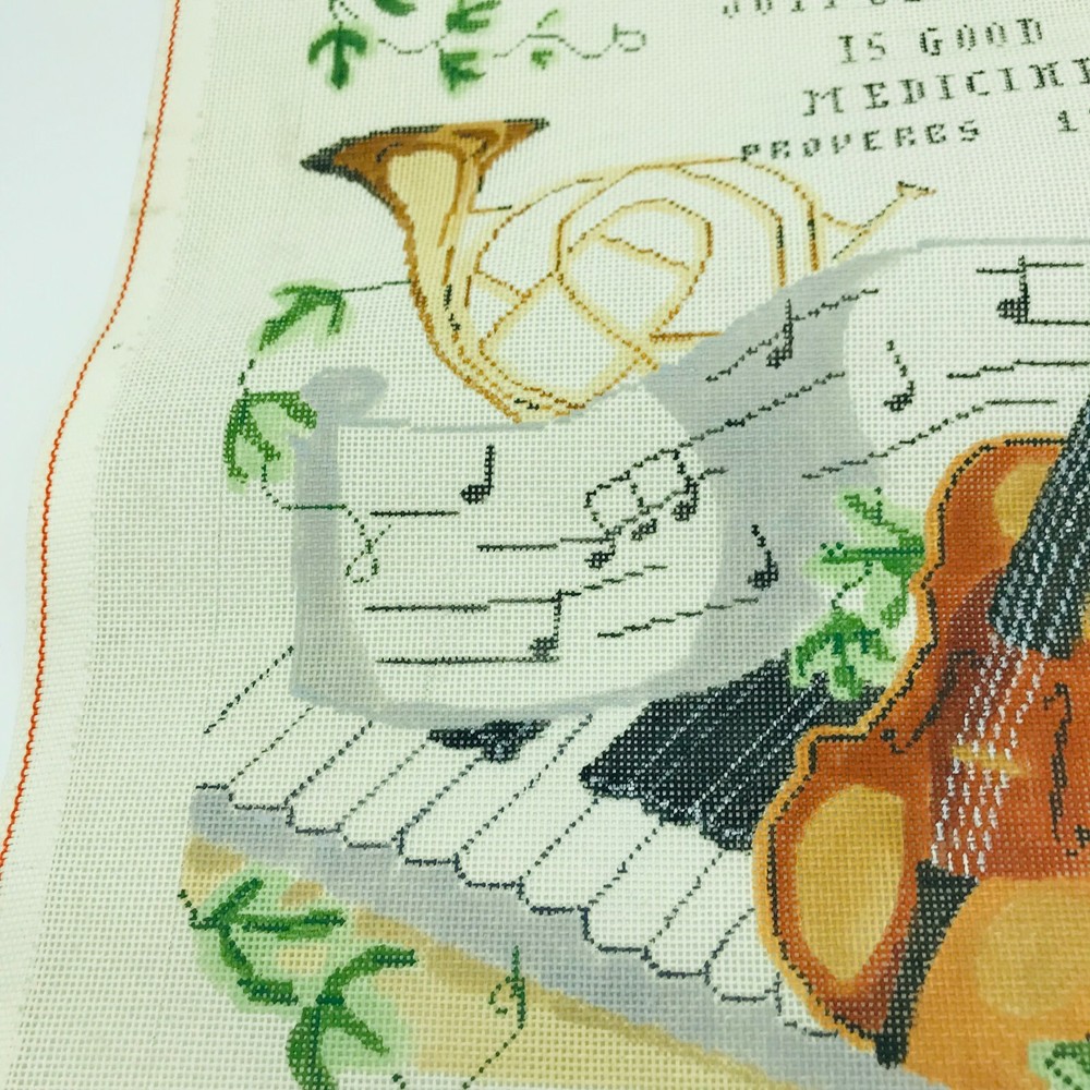 Hand Painted Needlepoint Musical Instruments Notes Music Proverbs 17 22 Pillow