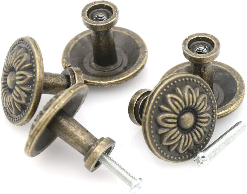 8 Vintage Antique Brass Knobs Handles Pulls - Flower Pattern for Cabinets Drawer